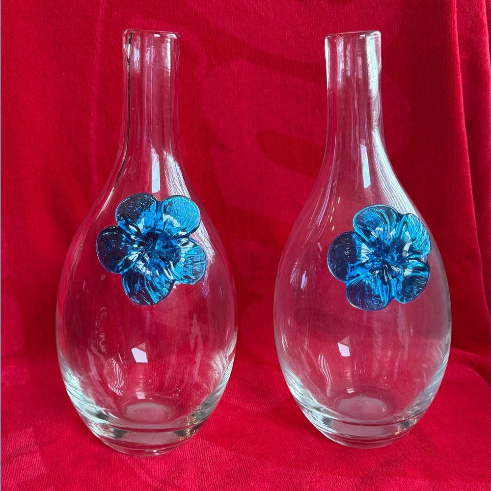 Glass Vases with Blue Floral Accent Embellishment Flower Gift Mother Bride